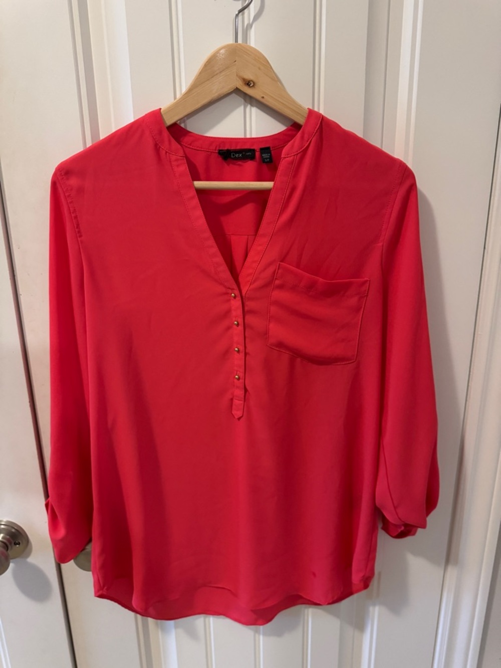 Dex Coral Pink V-Neck Blouse with Front Snap Placket
